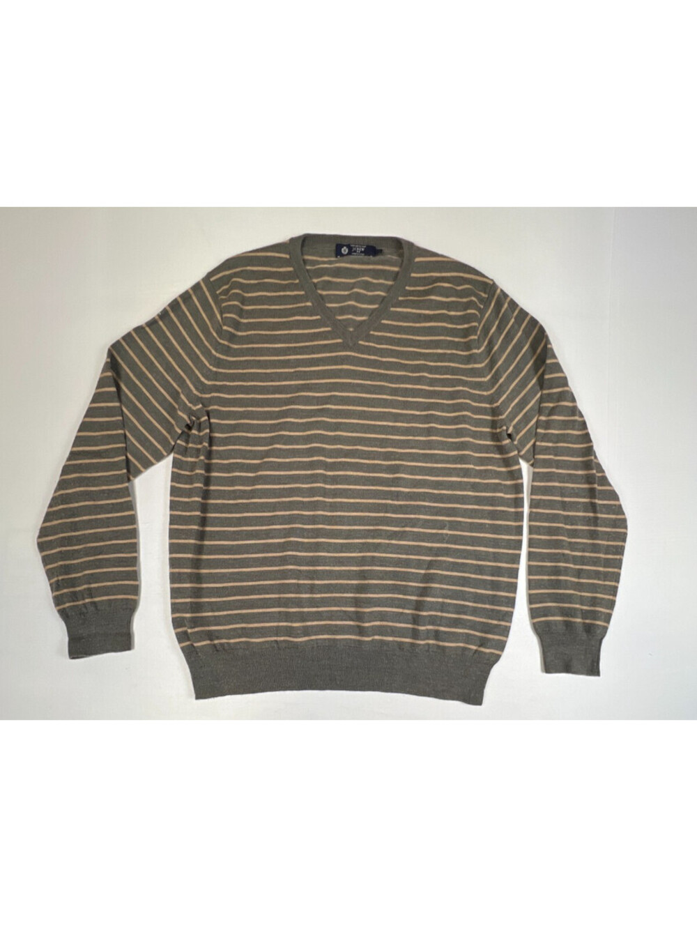 J. Crew Men L Gray Striped Merino Wool V Neck Long Sleeve Sweater